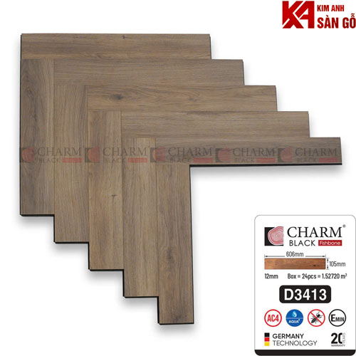Sàn Gỗ Xương Cá 12mm Charm Cốt Đen D3413